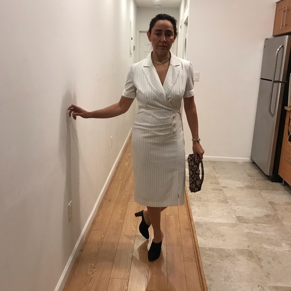 Metisu Dresses & Skirts - Metisu white & navy striped faux-wrap dress Size M. Excellent used condition.